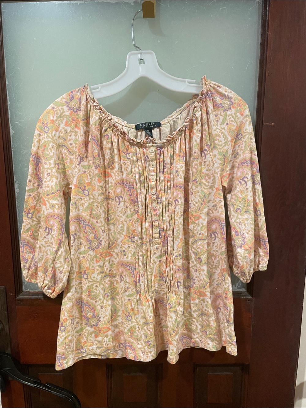Ralph Lauren Peach Paisley Pintuck Peasant Top